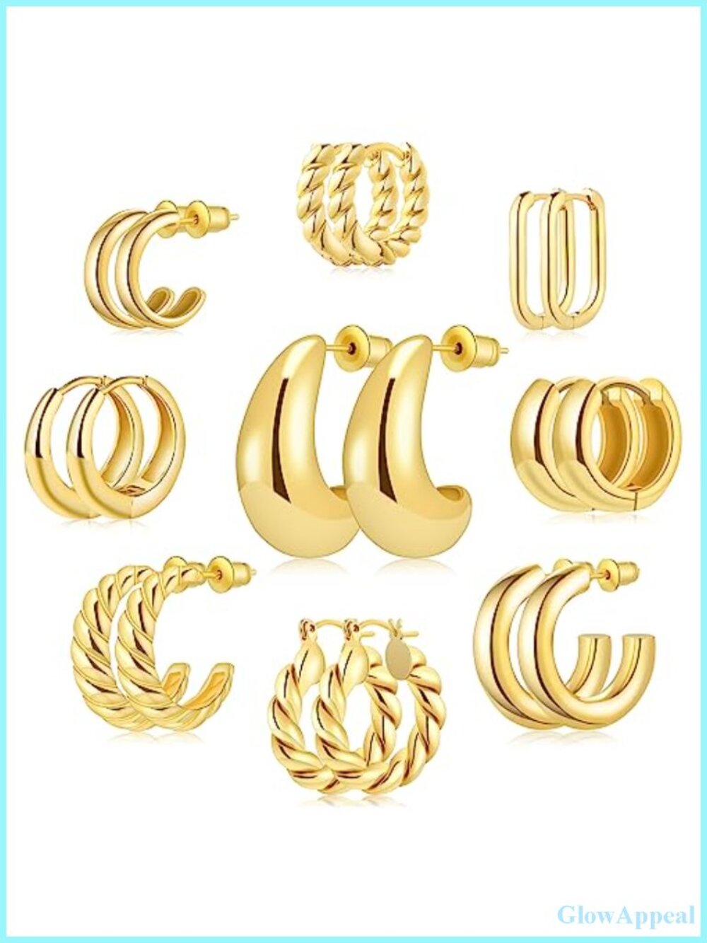 9 Pair Gold Plated Hoop and Huggie Earring Set for Women Non Tarnish Lightweight